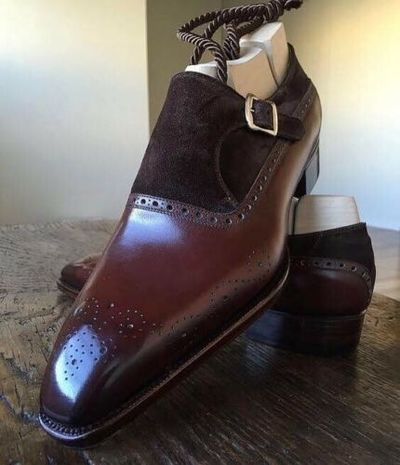 Pure Handmade Burgundy Shade Leather & Brown Suede Leather Strap Shoes for Men's