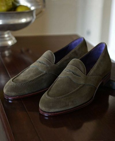 New Handmade Pure Greenish Suede Leather Stylish Loafer Shoes for Men's