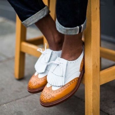 Pure handmade tan & white leather lace up brogue shoes for men's