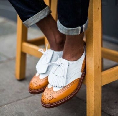 Pure Handmade Tan & White Leather Lace up Brogue Shoes for Men's