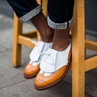 Pure Handmade Tan & White Leather Lace up Brogue Shoes for Men's - Thumbnail 2