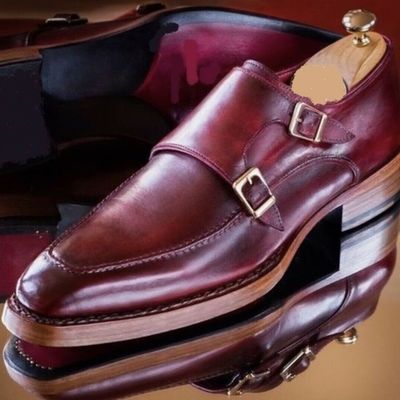 New pure handmade burgundy shaded leather monk strap shoes for men's