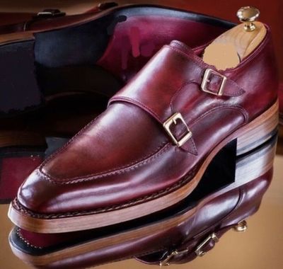 New Pure Handmade Burgundy Shaded Leather Monk Strap Shoes for Men's