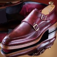 New Pure Handmade Burgundy Shaded Leather Monk Strap Shoes for Men's - Thumbnail 2