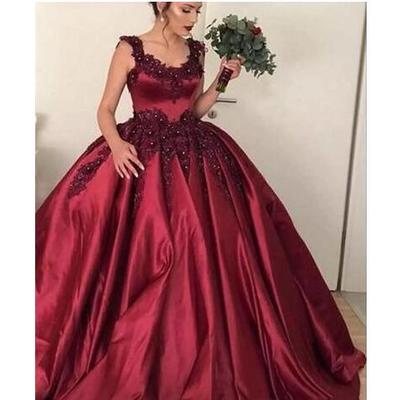 Burgundy ball gown quinceanera dresses scoop lace appliques beaded sweet 16 puffy custom prom evening pageant gowns wear 