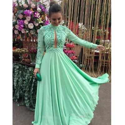 New prom dresses elegant green chiffon long sleeve muslim lace beading evening party formal gowns