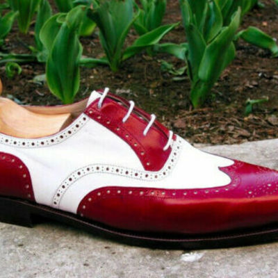 Two tone red white wing tip full brogue toe real leather spectator shoes