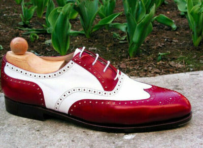 Two Tone Red White Wing Tip Full Brogue Toe Real Leather Spectator Shoes