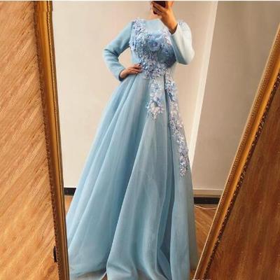 Blue long sleeves evening dresses design handmade flowers pearls a-line evening gowns prom dresses