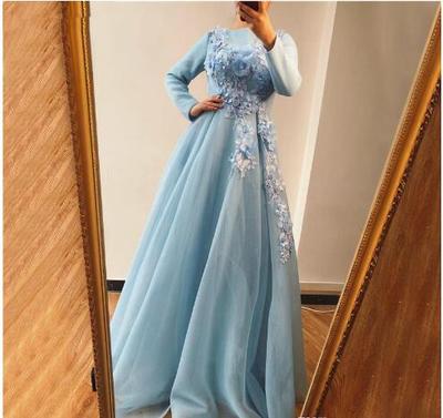 Blue Long Sleeves Evening Dresses Design Handmade Flowers Pearls A-Line Evening Gowns Prom Dresses