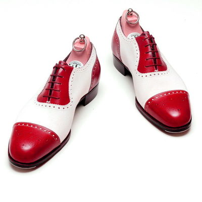 Men red white oxford full brogue cap toe genuine leather spectator laceup shoes