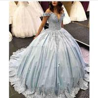 Luxury Long Quinceanera Dresses Puffy Ball Gown Sweetheart Cap Sleeve Sweet 16 Beaded Light Blue 15 Year Quinceanera Dress - Thumbnail 1