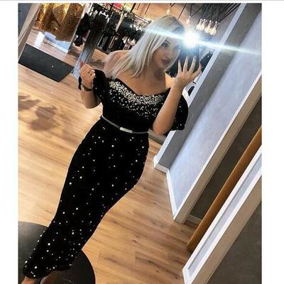 Black long evening dresses off shoulder short sleeves beaded pearls prom dresses cocktail party dresses evening gowns