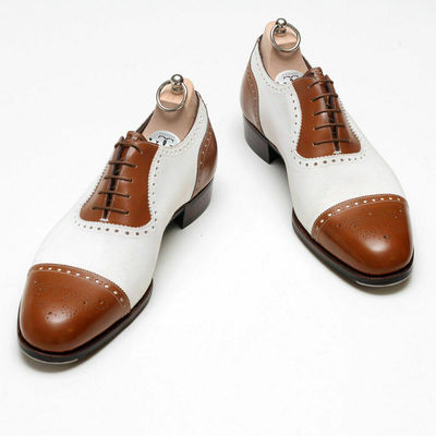 Oxford two tone brown white brogue rounded cap toe genuine leather laceup shoes