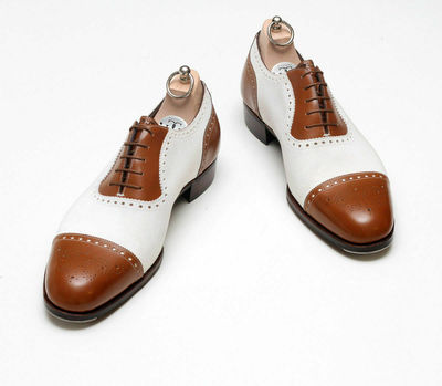 Oxford Two Tone Brown White Brogue Rounded Cap Toe Genuine Leather Laceup Shoes