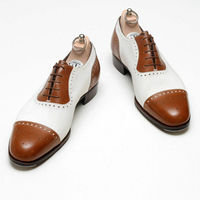 Oxford Two Tone Brown White Brogue Rounded Cap Toe Genuine Leather Laceup Shoes - Thumbnail 3