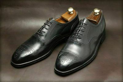 Mens Handmade Shoes Oxford Black Brogue Wingtip Toe Cap Lace Up Formal Wear Boot