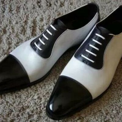Handmade two tone oxford black white rounded derby cap toe leather lace up shoes
