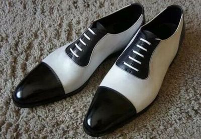 Handmade Two Tone Oxford Black White Rounded Derby Cap Toe Leather Lace Up Shoes