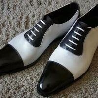 Handmade Two Tone Oxford Black White Rounded Derby Cap Toe Leather Lace Up Shoes - Thumbnail 3