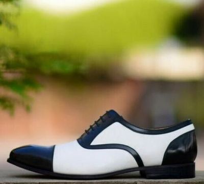 Handmade Men Oxford Cap toe two tone Black White Dress shoes Party Calf Leather
