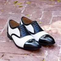Handmade Men Oxford Cap toe two tone Black White Dress shoes Party Calf Leather - Thumbnail 1