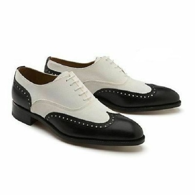 Two tone oxford black white wing tip rounded derby toe vintage leather shoes