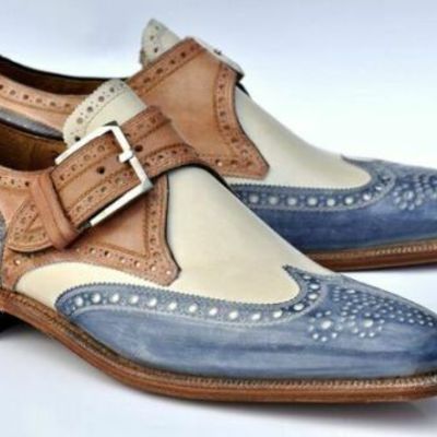 Men's new multi color monk single buckle strap brogue toe wing tip leather shoes