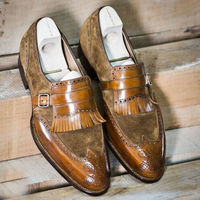 New Tan Brown Cont Suede Leather Single Monk Wing Tip Brogue Toe Fringed Shoes - Thumbnail 3