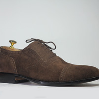Handmade Brown Cap Toe Lace Up Suede Shoes For Men's - Thumbnail 2