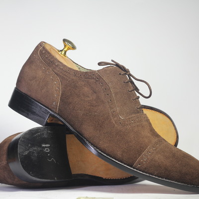 Handmade brown cap toe lace up suede shoes for men's - Thumbnail 2
