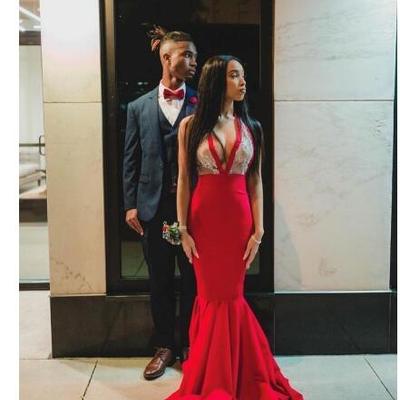 Charming red prom pageant dresses modest fashion see through evening party gown special occasion dress plus size black girl - Thumbnail 4