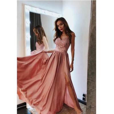 Mple cheap a line prom dresses long elastic satin pleats floor length lace applique formal dress evening gowns vestidos de noiva ogstuff - Thumbnail 4