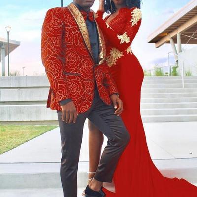 Elegant red prom pageant dresses modest fashion gold lace side split evening party gown occasion dress lace backless moroccan kaftan - Thumbnail 5