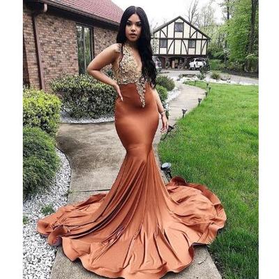 African mermaid prom dresses sexy deep v neck gold appliques cap sleeve evening party gowns black girl formal vestidos de gala - Thumbnail 5