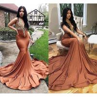 African Mermaid Prom Dresses Sexy Deep V Neck Gold Appliques Cap Sleeve Evening Party Gowns Black Girl Formal vestidos de gala - Thumbnail 1