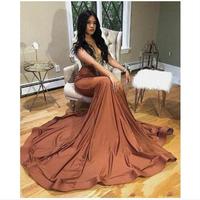 African Mermaid Prom Dresses Sexy Deep V Neck Gold Appliques Cap Sleeve Evening Party Gowns Black Girl Formal vestidos de gala - Thumbnail 2