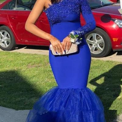 Sexy royal blue south african prom bridesmaid dresses 2020 mermaid one shoulder with long sleeves lace cheap evening formal pageant dress - Thumbnail 4