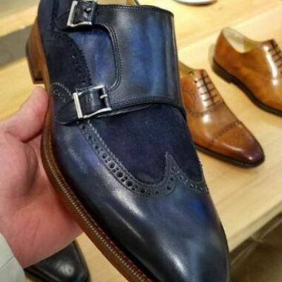 Navy blue color monk double buckle strap suede leather wing tip derby toe shoes