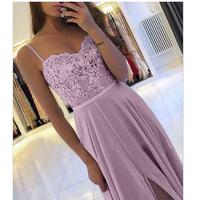  A Line Sweetheart Floor Length Chiffon Prom Dresses Lace Top Cheap Long Evening Party Robes de soirée Sleevelss - Thumbnail 1