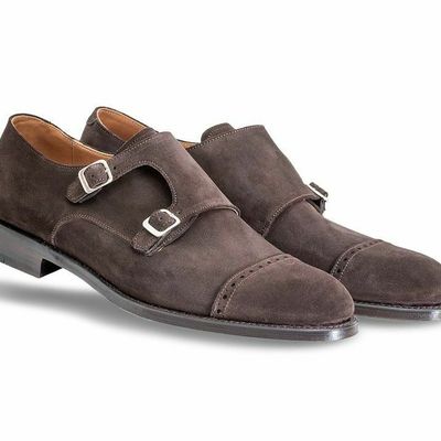Men brown color real suede leather monk double buckle strap derby cap toe shoes