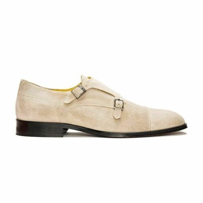 Double buckle monk strap beige suede real leather derby cap toe formal shoes