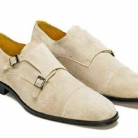Double Buckle Monk Strap Beige Suede Real Leather Derby Cap Toe Formal Shoes - Thumbnail 1