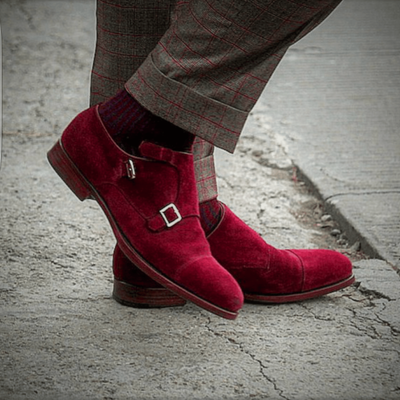 Handmade men's maroon red monk double buckle strap suede leather cap toe shoes