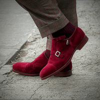 Handmade Men's Maroon Red Monk Double Buckle Strap Suede Leather Cap Toe Shoes - Thumbnail 2