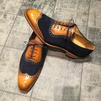 New Handmade Men Classic Brogue Style Wing Tip Leather and Suede Dress Shoes - Thumbnail 2