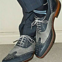 Handmade Men's Leather Wing Tip Grey Brogue Formal Dress Casual Shoes - Thumbnail 3