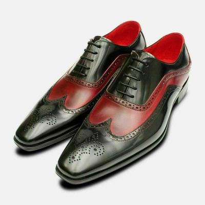 Handmade wingtip oxfords two tone black red formal dress leather men shoes