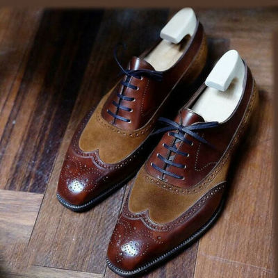 Mens Handmade Brown Suede Wing Tip Lace Up Formal Dress Custom Leather Shoes
