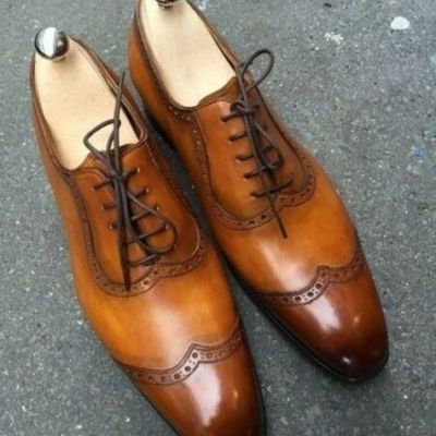 Mens handmade tan brown wing tip lace up formal dress custom made leather shoe